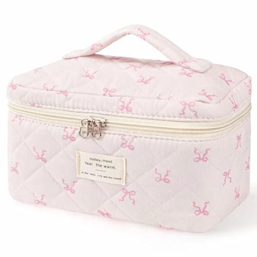 MZLUWM Large Travel Quilted Makeup Bag，Cute Bow Cotton cosmetic bag, Fashionable aesthetic makeup bag,Coquette Aesthetic Floral Travel Toiletry Bag for Women and Girls