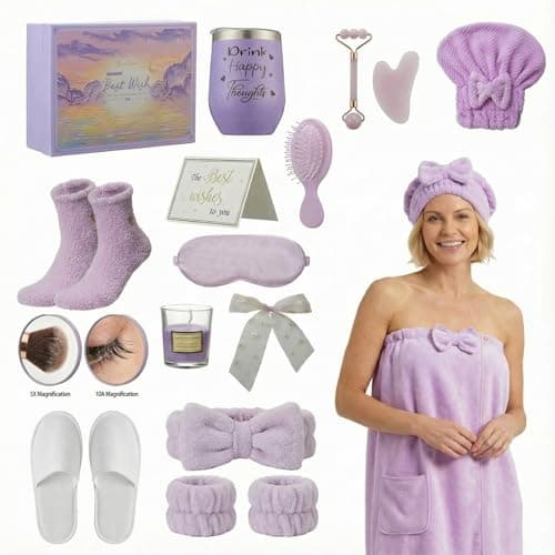 Patelai 18 Pcs Birthday Gifts for Women Mothers Day Gift Care Spa Set Adjustable Closure Bathrobe Hair Drying Towel Socks Mirrors Hair Brush Tumbler Facial Tools for Mom Wife Girlfriend Christmas