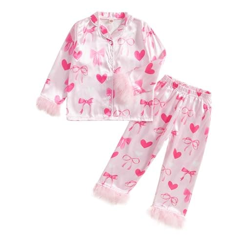 Twopumpkin Toddler Girl Valentines Day Satin Silk Pajamas 2 Piece Pajama Set Little Kid Girls Pjs Nightgown Outfit (Valentines Love Heart Bow Pink, 7-8 Years)