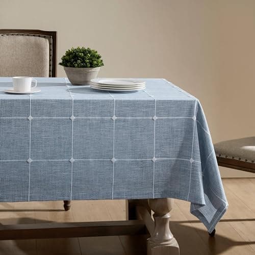 ZeeMart Grid Embroidered Hemmed Tablecloths, Blue 60x84 Inch, Farmhouse Style Heavy Weight Cotton Linen Dusty Blue Tablecloths, Boho Plaid Water Resistant Rectangle Table Cloth