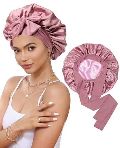 Satin Bonnet Silk Bonnet for Sleeping Silk Sleep Cap Double Layer Hair Bonnet with Elastic Tie Band for Curly Hair Night Cap (Bean Paste + Pink)