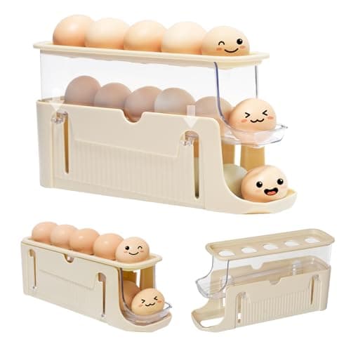 Guermok Rolling Egg Holder for Fridge, 3-Tier Egg Organizer, Space-Saving Egg Container, Foldable Egg Dispenser Container Storage for Refrigerator, Cabinet, Countertop (Cream)