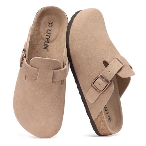 Litfun Unisex Genuine Suede Clogs Soft Footbed Leather Potato Shoes Comfort Slip On Clogs with Arch Support, Taupe, EU 39