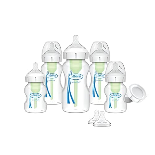 Dr. Brown's Natural Flow Anti-Colic Options+ Wide-Neck Baby Bottle Newborn Feeding Set with Baby Bottle Travel Caps