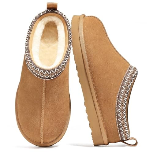 bebealy Genuine Suede Fuzzy Slippers for Women Winter Warm House Shoes Cozy Mini Boots for Indoor Outdoor, Chestnut 39