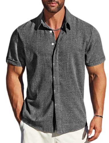 MAPICK Summer Shirts for Men Beach Linen Button Down Casual Shirt Short Sleeve Wedding Guest Dress Shirts(A-Dark Grey,Large)