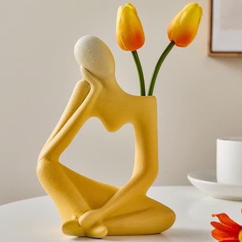 Arawat Ceramic Thinker Vase Yellow Flower Vase for Home Decor Modern Cute Boho Vases for Table Room Decor Unique Aesthetic Vase Ceramic Decorative Face Vases for Centerpieces Birthday Gifts for Women