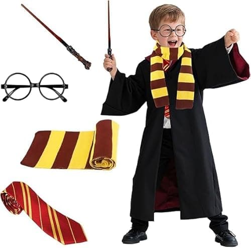 Kitimi Wizard Costume145 Set, Wizard Cloak Robe Halloween Costume, Magic Wand, Tie, Scarf, Glasses Accessories