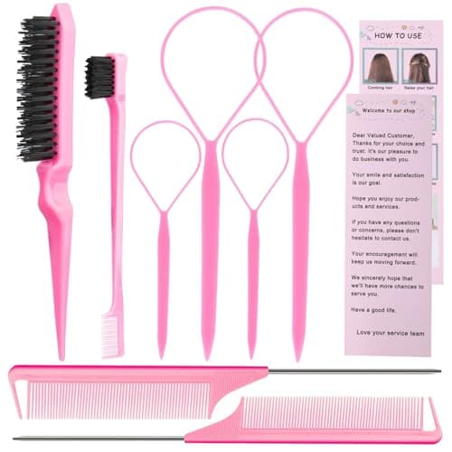 Hair Styling Tools Set 8 Pieces -4 Topsy hair Tail Tools 2 Rat Tail Combs, 1 Slick Back Hair Bristle Brush and 1 Edge Control Brush,Hair Pull Through Tools for Woman Girl Hair Styling. Pink Linmxiy