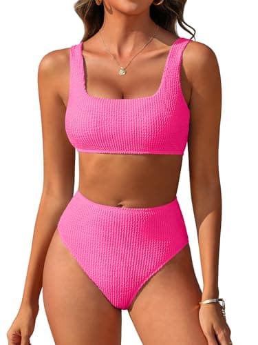 ANRABESS Women Swimsuits Two Piece Bikini Set High Waisted Ribbed Tummy Control Modest Bathing Suits 2025 Beach Swim Wear Hot Pink Medium