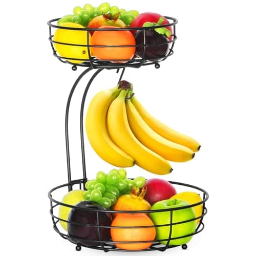 Bextsrack 2-Tier Countertop Fruit Basket Bowl with Banana Hanger, Metal Wire Fruits Stand Holder Storage Organizer for Kitchen, Black