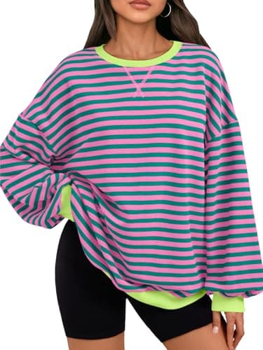 Trendy Queen Oversized Sweatshirt for Women 2025 Fall Crewneck Striped Long Sleeve Shirts Hoodies Cute Top Y2K Outfits SEPinkGreen L