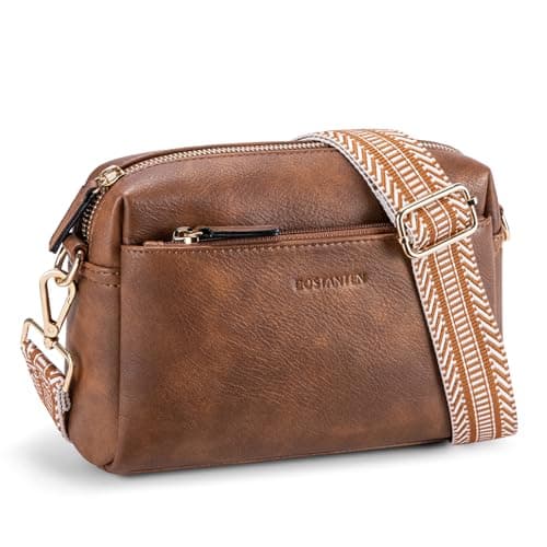 BOSTANTEN Small Crossbody Purse for Women Triple Zip Cell Phone Leather Shoulder Handbag with Wide Guitar Strap Brown