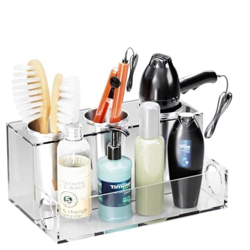 PUNCHISH Hair Tool Organizer 11.8"x 7.3"x 5.3" – Acrylic Hair Organizer Storage for Hot Tools - Including 3 Stainless-Steel Cups & 1 Rectangular Section with 2 Screws & Anchors for Wall Mounting