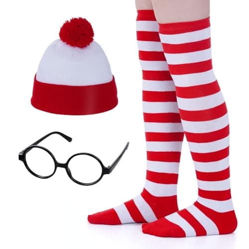 3 PCS Red and White Striped Hat Beanie Hat with Glasses and Red Striped Knee Socks Knitted Pom Pom Beanie Hat for Halloween Cosplay Costume Party