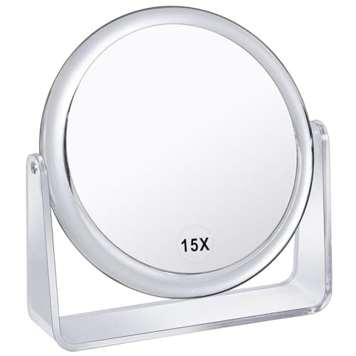 MKUMIR 15X Magnifying Makeup Mirror for Desk Double Sided 1X/15X Desk Mirror,Portable Table Small Standing Magnifying Mirror for Cosmetic, Transparent, MKT69Z