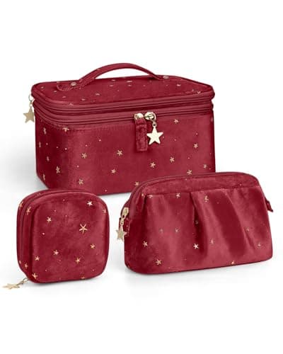 Wedama Makeup Bag, Double-layer Cosmetic Bag with Jewelry Storage and Brush Holders 3 Pcs Velvet Makeup Bag Set Travel Makeup Organizer Bags Portable Cosmetic Case Toiletry Bag for Women Girls, Red