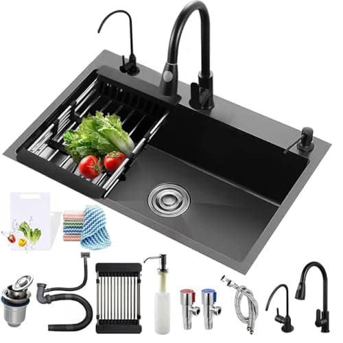 PIRPELO Black Kitchen Sink, Stainless Steel Single Bowl Sink, Embedded/Top Mounted Workbench Sinks With Sliding Accessories, Workbench Sink With Multiple Accessories (31.5 x 17.7in)