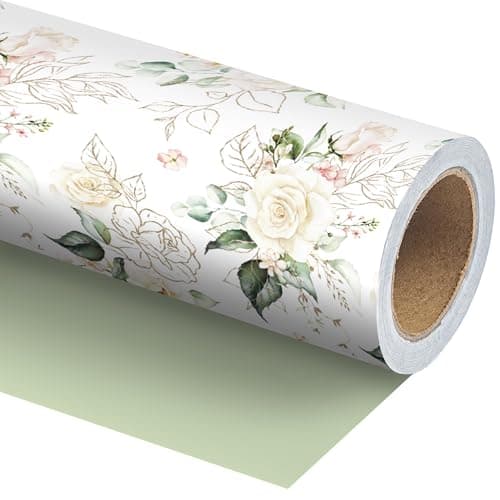 WRAPLULU Floral Wedding Wrapping Paper Roll - 17.5 Inches * 33 Ft - Reversible Gift Wrap with Green Solid Back, Perfect for Wedding Bridal Shower Birthday Valentine’s Day