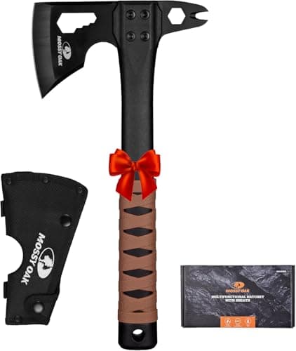 MOSSY OAK 12" Camping Axe and Survival Hatchet with Sheath, Compact Outdoor Multitool Hatchet with Hex Wrench Slots, Non-Slip Dual-Color Handle, Small Camping Gear for Hiking, Chopping, Hunting