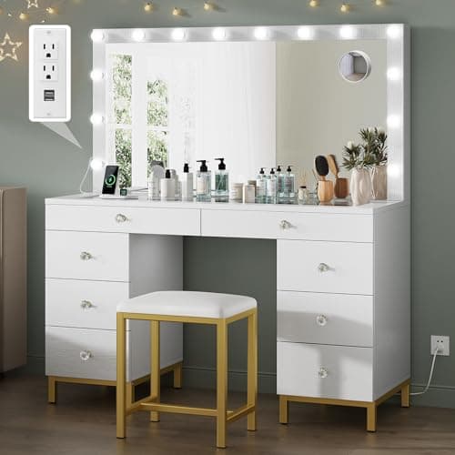 YITAHOME Vanity Desk with Mirror, Power Outlet and 14 Lights, Makeup Table with 8 Drawers, 3 Lighting Colors, for Bedroom and Dressing Areas, White