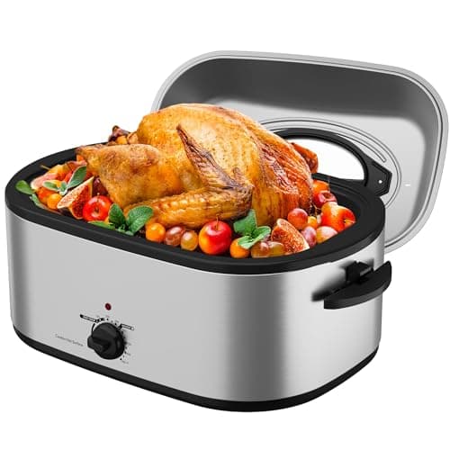 Sunvivi 26 Quart Roaster Oven, Electric Roaster Oven with Glass Lid, Turkey Roaster Oven Buffet with Self-Basting Lid, Removable Pan, Cool-Touch Handles, Silver