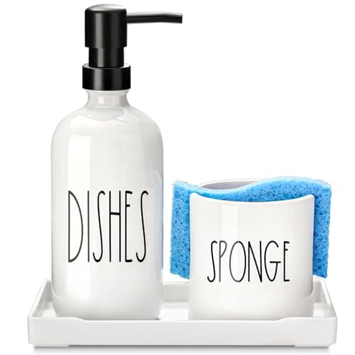 ALPIRIRAL Dish Soap Dispenser for Kitchen, Ceramic Dish Soap Dispenser with Sponge Holder, White Dispenser Set with Tray, 3 in 1 Countertop Sink Organizer, Farmhouse Modern Kitchen Decor