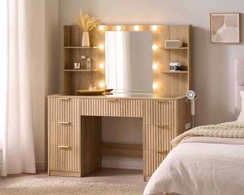 AMERLIFE 47.2" Fluted Vanity Desk with Mirror and Adjustable LED Lights, Large 7 Drawers Makeup Table with Glass Top and Charging Station for Women and Girls, Bedroom or Dorm, Natural Oak