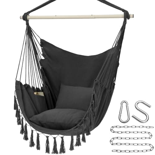 Y- STOP Hammock Chair Hanging Rope Swing, Max 500 Lbs, 2 Cushions Included, Large Macrame Hanging Chair with Pocket, Cotton Weave for Superior Comfort, Durability (Dark Grey)