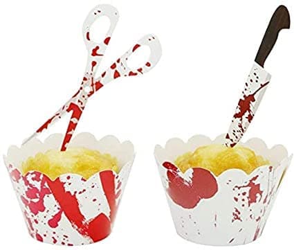 YuBoBo Halloween Cupcake Toppers Wrappers, Cake Halloween Decoration Bloodstain Cake Knife Scissors Food Decor Party Supplies (24 sets(48pcs))