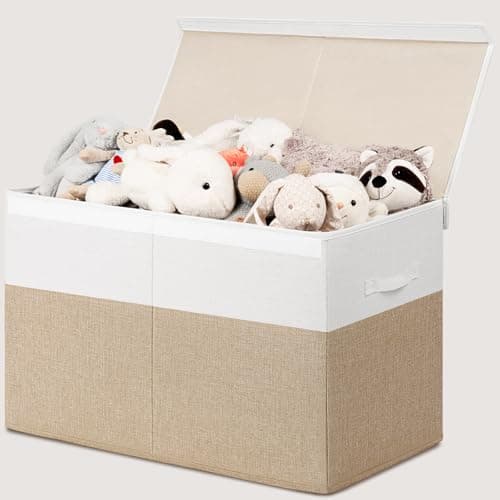 INDRESSME 25"x13"x16" Toy Box Toy Storage Organizer with Lid Collapsible Sturdy Toy Chest, Foldable Toy Bin for Living Room, Playroom, Bedroom, Toy Baskets Storage Kids, Boys, Girls (Beige & White)