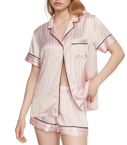 Victoria's Secret Satin Pajama Set, Short Sleeve Button Down & Shorts Set, Sleepwear for Women, Pink Iconic Stripe (M)