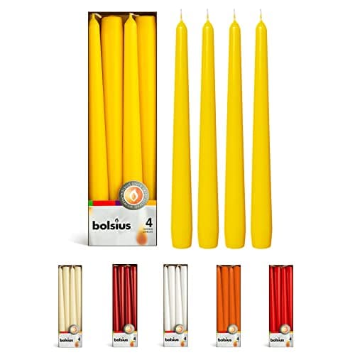 BOLSIUS Yellow Taper Candles - 4 Pack Unscented 10 Inch Dinner Candle Set - 8 Hours Burn Time - Premium European Quality - Smokeless and Dripless Household Wedding, Party, and Home Decor Candlesticks