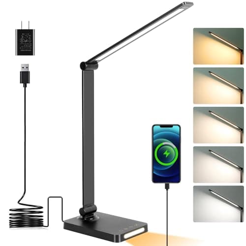 LED Desk Lamp with USB Ports,Touch Desk Lamps for Home Office with 5 Color Modes,3 Brightness Desk Light with Small Night Light,Reading Lamp Table Lamp for Bedroom Bedside Study Black （with adapter）