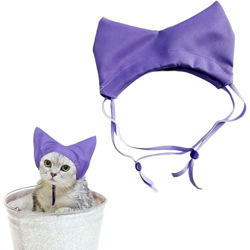 Adjustable Pet Cat Shower Caps, XIEHUZA Waterproof Bath Cap Cat Dog Ear Cover Protection with Straps, Pet Bathing Drops Guard Grooming Accessories for House Kitten Puppy Small Pets (Purple)