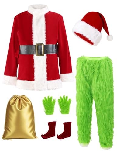 ACH Christmas Costume Adults Men Santa Claus Suit 8PCS Deluxe Professional Furry Xmas Halloween Cosplay Outfit for Adult Set L