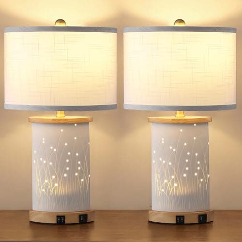 EOEYYOYB Set of 2 Ceramic Table Lamps with 3 Color Temperatures, Nightstand Table Lamps with AC Outlet, USB A & C Charging Port, Bedside Lamps for Living Room, Bedroom, Office Reading, Burlywood