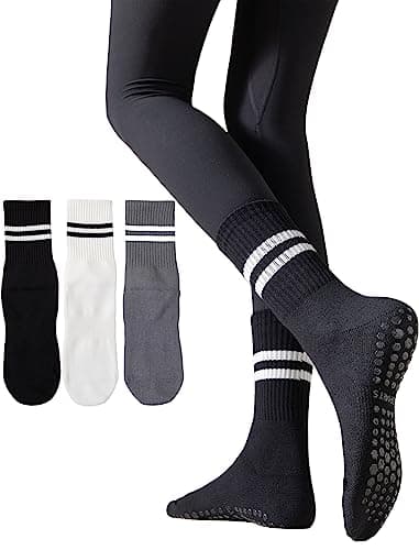 Irisbear Womens Pilates Socks with Grips Non Slip Yoga Socks Barre Hospital Athletic Grippy Socks for Women 3 PACK BLACK WHITE GRAY