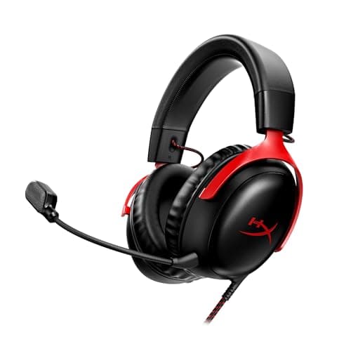 HyperX Cloud III – Wired Gaming Headset, PC, PS5, Xbox Series X|S, Angled 53mm Drivers, DTS Spatial Audio, Memory Foam, Durable Frame, Ultra-Clear 10mm Mic, USB-C, USB-A, 3.5mm – Black/Red