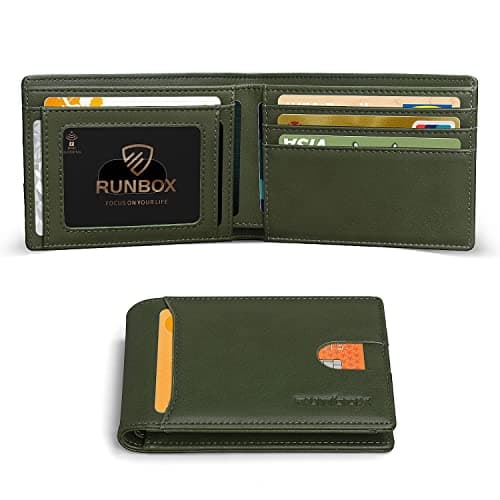 RUNBOX Slim Wallet for Men Minimalist Leather Bifold RFID Blocking with Gift Box Green