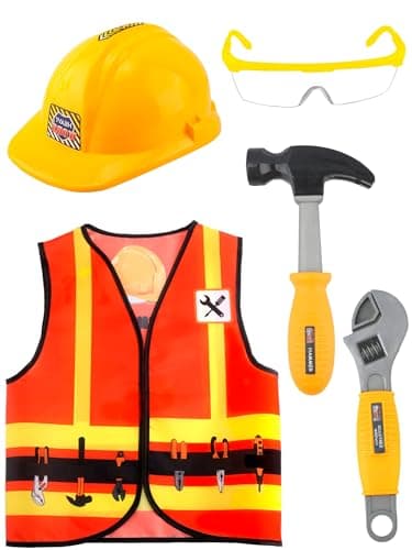 Puteraya 1 Set Kid Construction Worker Costume Set Child Construction Vest Hat and Goggles With Builder Tools Toys Construction Role Play for Kids Dress up Halloween Birthday Cosplay
