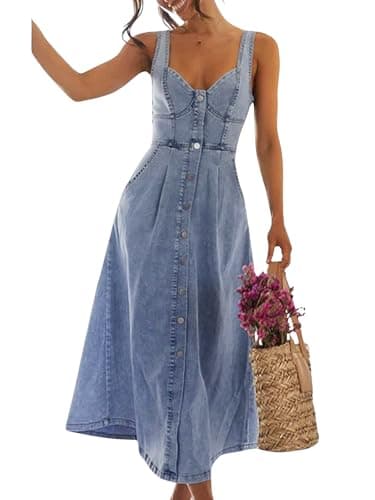 utcoco Denim Dress for Women Sleeveless Button Down Slim Fit Midi Jean Dresses for Women 2025 (Large, Blue)
