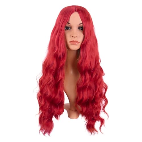 MapofBeauty 28 Inch/70 cm Long Wavy Middle Part with No Bangs Synthetic Fiber Curly Fashion Women Party Cosplay Wig (Bright Red)