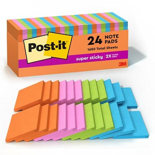 Post-it Super Sticky Notes, 24 Sticky Note Pads, 3 x 3 in., School Supplies, Office Products, Sticky Notes for Vertical Surfaces, Monitors, Walls and Windows, Energy Boost Collection