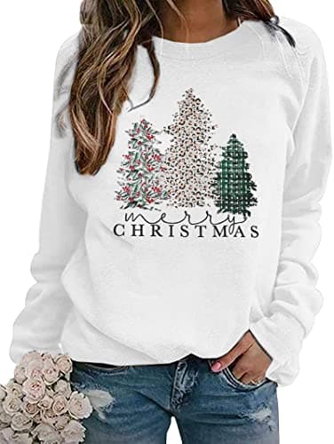 ASTANFY Merry Christmas Sweatshirt for Women Plaid Christmas Holiday Long Sleeve Christmas Tree Pullover Lightweight Shirt White