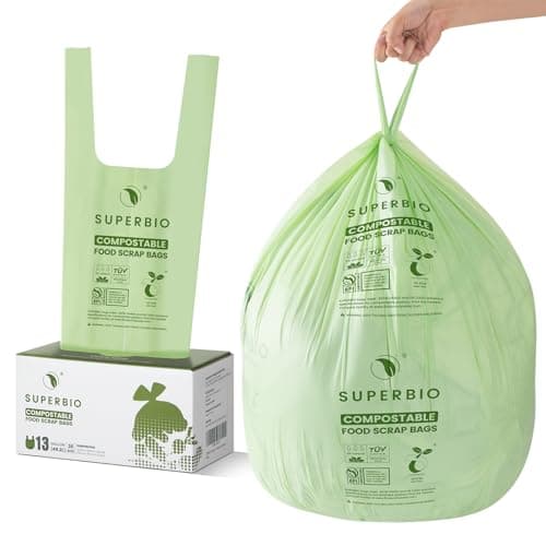 Best Biodegradable garbage bags #3 from superbio SUPERBIO 13 Gallon Compostable Kitchen Waste Bags with Handles, Food Scrap Bags Certified by BPI, OK compost INDUSTRIAL, 30 Count, 49.2L