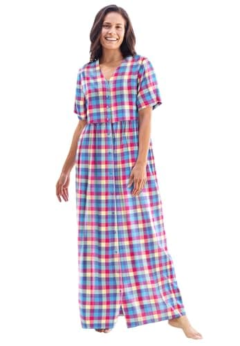 Only Necessities Plus Size Long Seersucker Lounger - 1X, Multi Madras Plaid