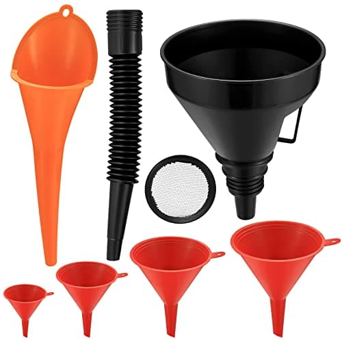 Zxglxinyao 6 Pcs Automotive Funnels Set, Wide Mouth Fuel Funnels, Plastic Long Neck Oil Funnels, Flexible Right Angle Funnels, with Detachable Spout and Filter for Water/Gasoline/Coolant/Engine Oil