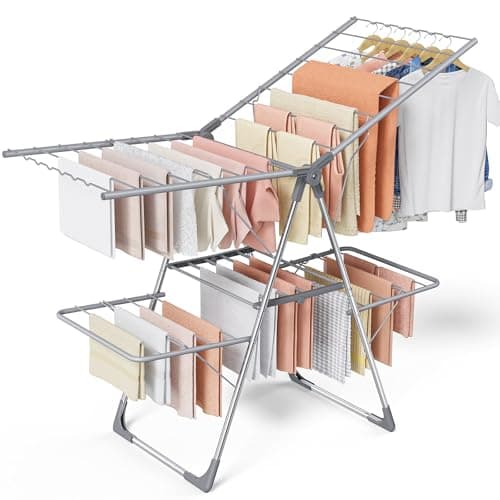 Sakugi Clothes Drying Rack, Foldable 2-Level Laundry Drying Rack with Height-Adjustable Wings, for Clothing & Bedding, Free-Standing Space-Saving Rack, Indoor & Outdoor, 55.5" L × 22.8" W, Gray