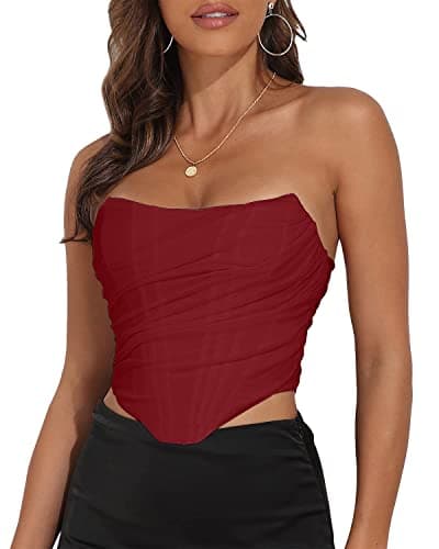 Women's Vintage Strapless Open Back Boned Mesh Bustier Zip Back Corset Bodyshaper Crop Top